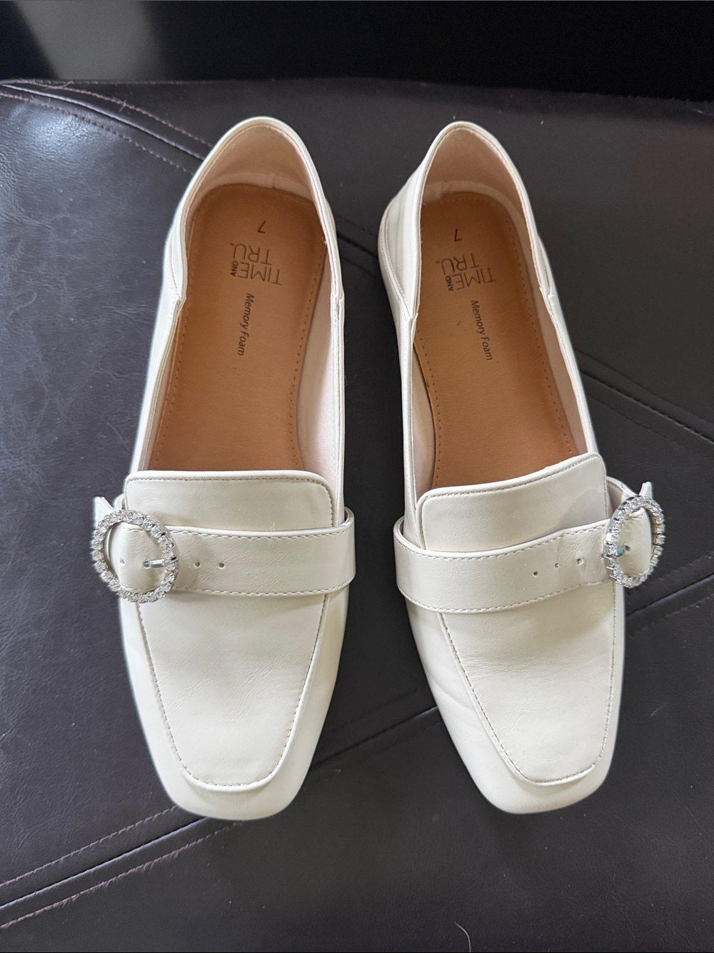 Time and Tru Cream Loafers with Rhinestone Buckle